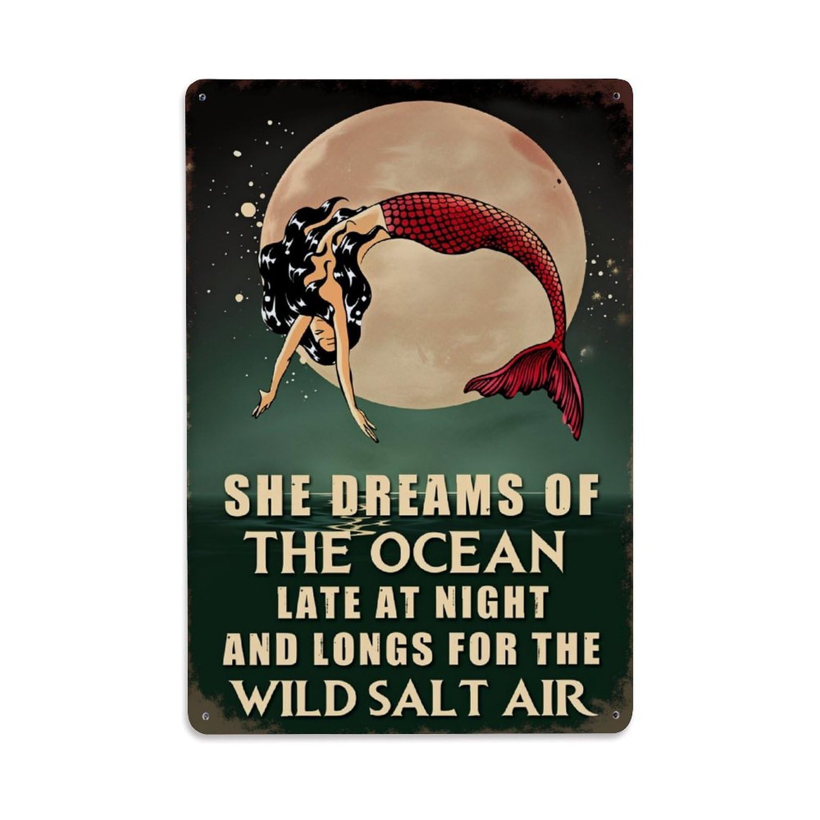 Enderetf Vintage Mermaid Moon Ocean Dream Salt Tin Sign Metal Poster, Home Bar Garage Man Cave Cafe Indoor & Outdoor Wall Decoration 8X12inches