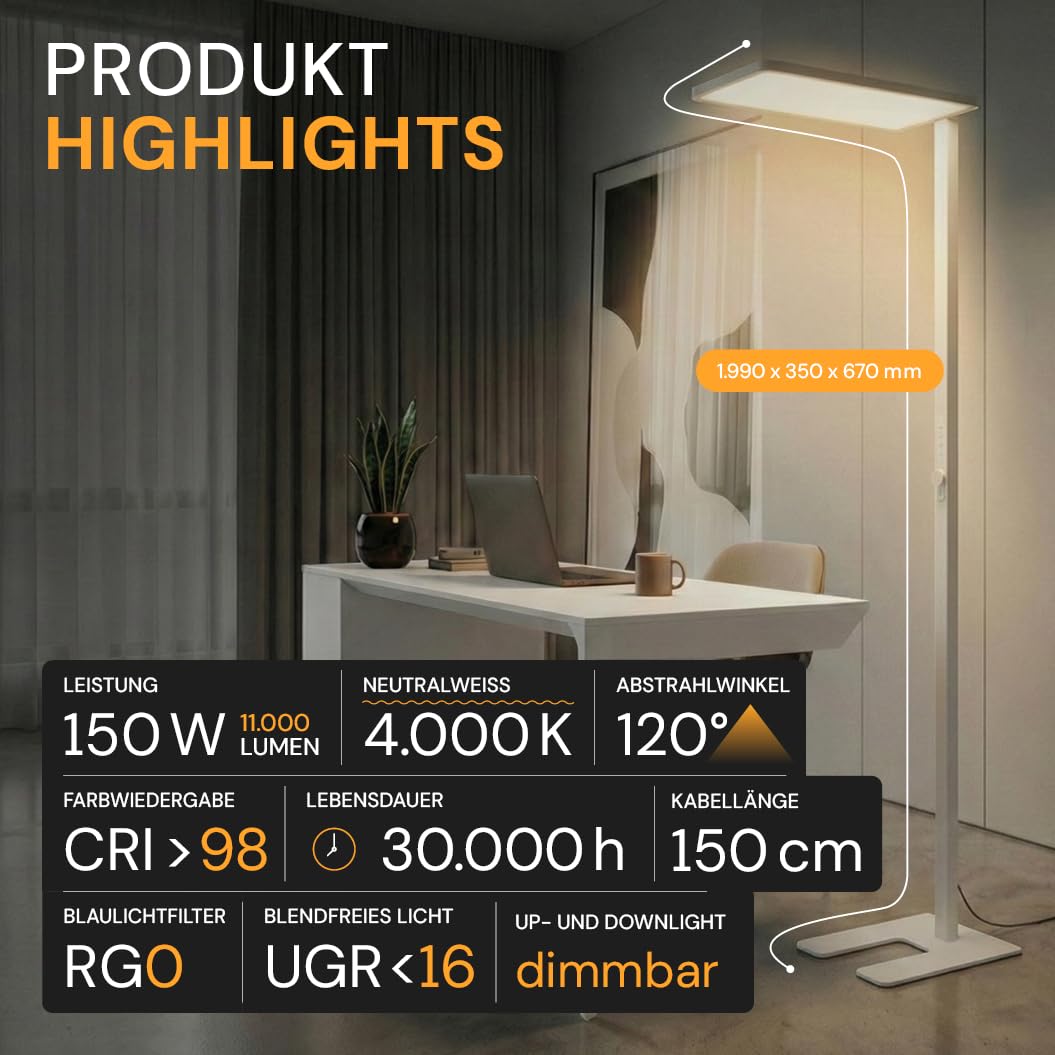 Büro Stehleuchte LED Up/Down mit Licht- & Bewegungssensor - Stehlampe in Weiß dimmbar - Deckenfluter Büro 150W 11000lm, 4000K Neutralweiß, UGR<16 blendarm, CRI 98, Touch LCD-Drehregler