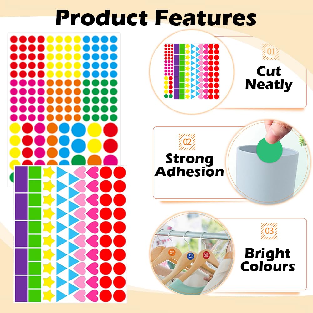 2410 Pack Shaped Coloured Stickers 8 Colors 6 Shapes Dot Stickers Heart & Stars Sticky Coding Labels Sticker for Kids Student Classroom Office - Image 3