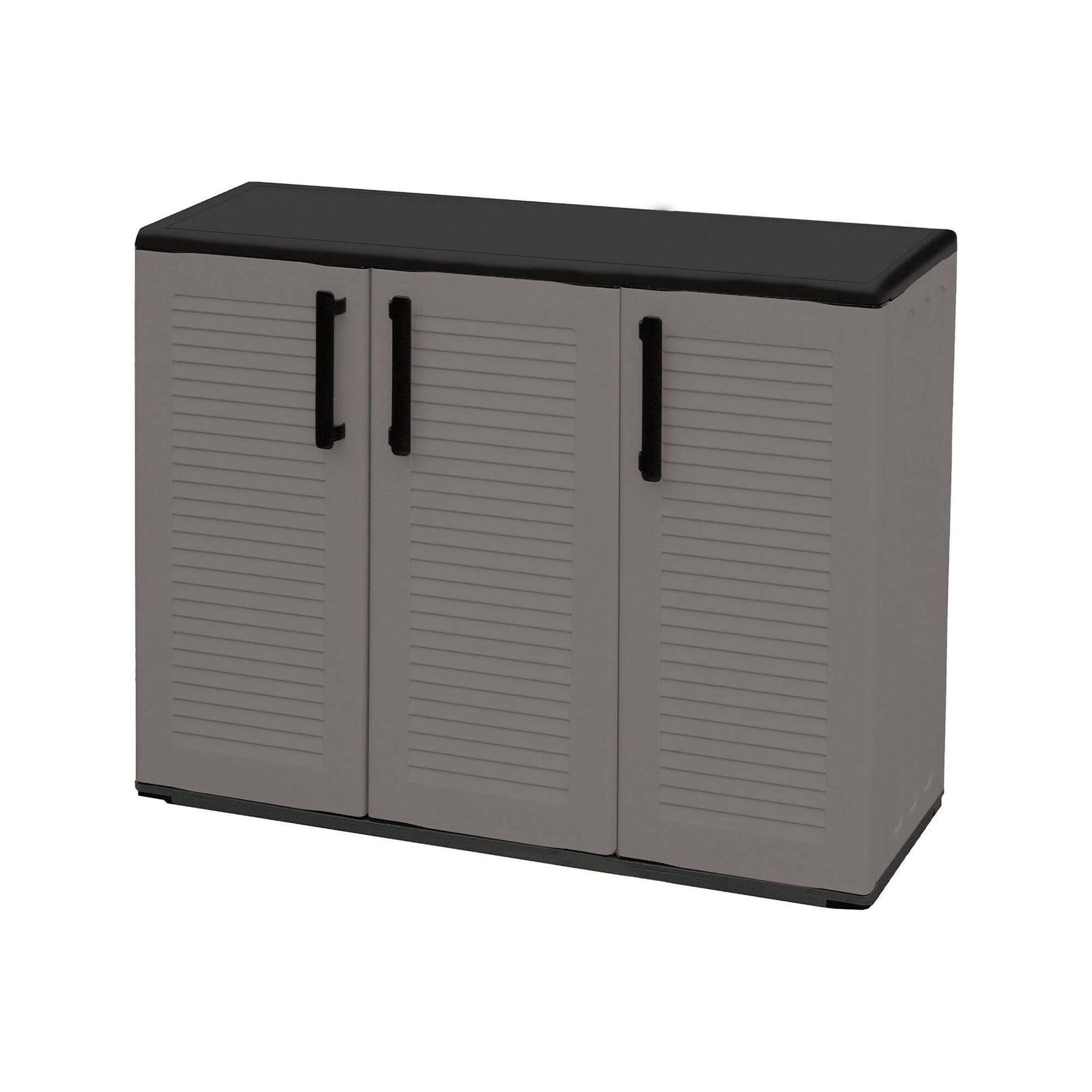 Dmora - Armadio da esterno Gesves, Mobile balcone multiuso, Armadietto outdoor 3 ante, 100% Made in Italy, 102x37h84 cm, Grigio e Nero, Finitura righe