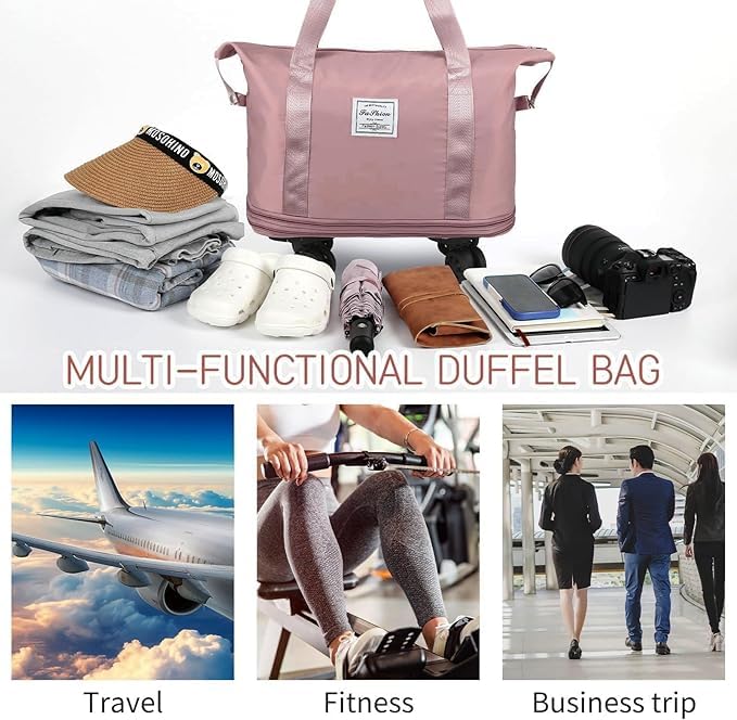 Image of TEKCOOL Duffel Trolley Bags for Travel,Luggage Bags for Travel,Rolling Duffle Bag with Wheels,Travel Bags for Luggage Trolley,Expandable Foldable Duffle Bag with Wheels - Pink'