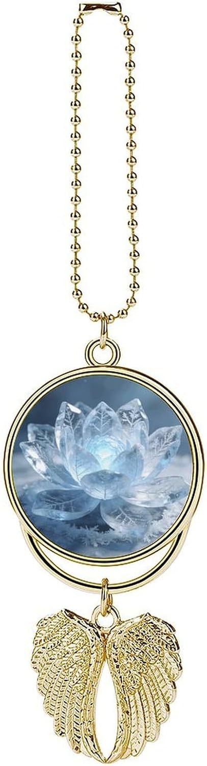 Cute Angel Wings Car Mirror Hanging - Frost Lotus Glowing Light Rear View Mirror Pendant Decor, Personalized Auto Accessories with Chain for Car Interior Decorations, Keychain Ornament Gift