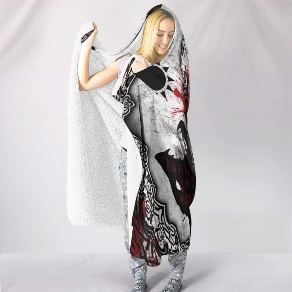 Viking Wolf Super Soft Norse Throw Plush Fleece Wearable Hoodie Blanket for Women and Men - White (80x60in/150x200cm)