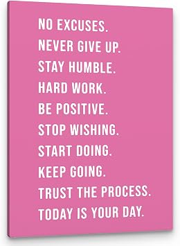 PHAMTE No Excuses Never Give Up Inspirational Workout Wall Art, Motivational Inspirational Print Framed Canvas Painting Artwork Home Gym Yoga Exercise Fitness Room Office Decor11x14 InchPink