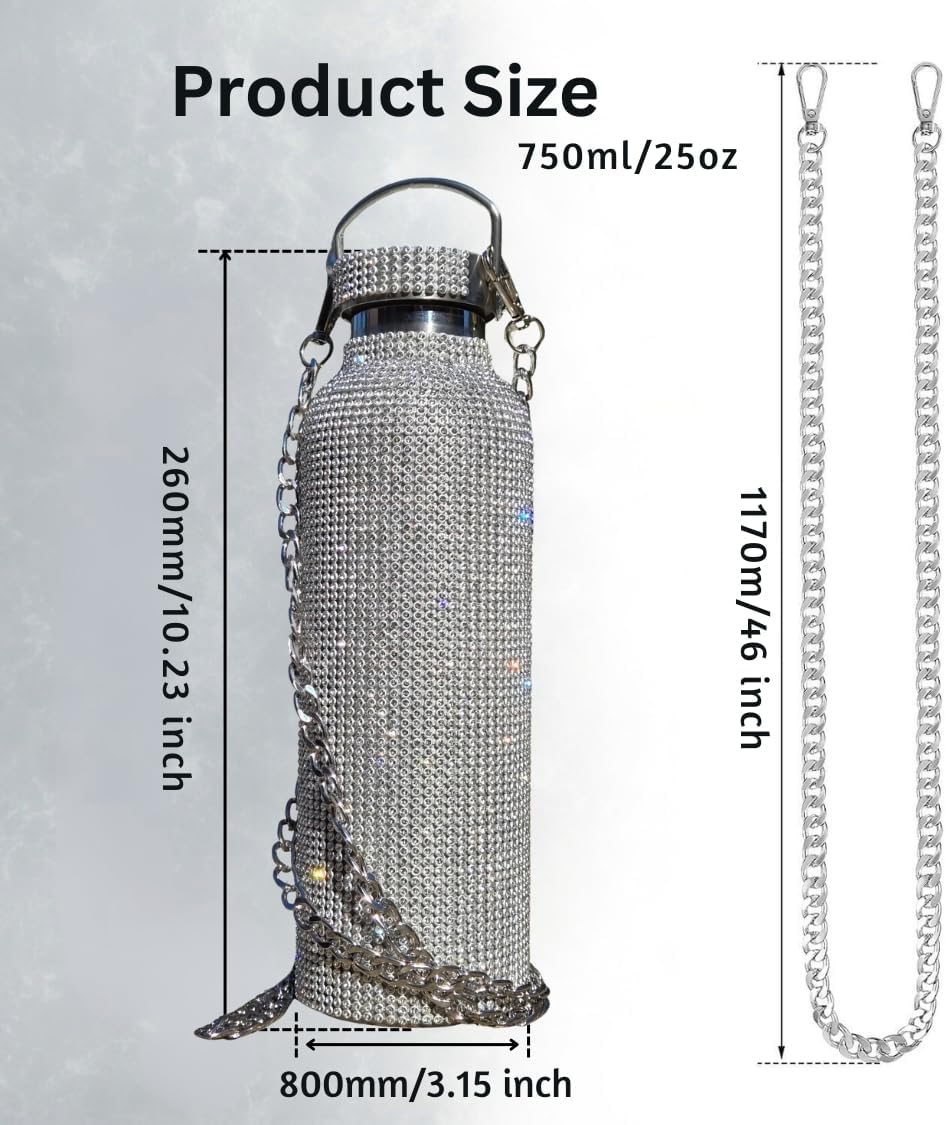 Silver Bling Water Bottle with 5000 Glitter Rhinestones & Crossbody Chain, 25oz Stainless Steel Vacuum Insulated Tumbler, Leak Proof, Keeps Drinks Cold 24h and Hot 6h