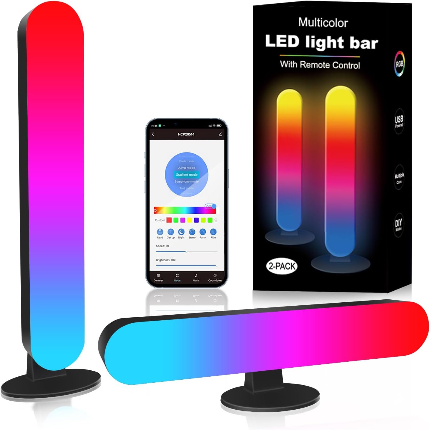 Smart LED Light Bars 2 Pack, RGB Gaming Lights USB Flow Lighting Bar Immersive APP Control Lamps Sync with Music,15 Scene Modes & 4 Music Modes Mood Light for TV/PC/Movie