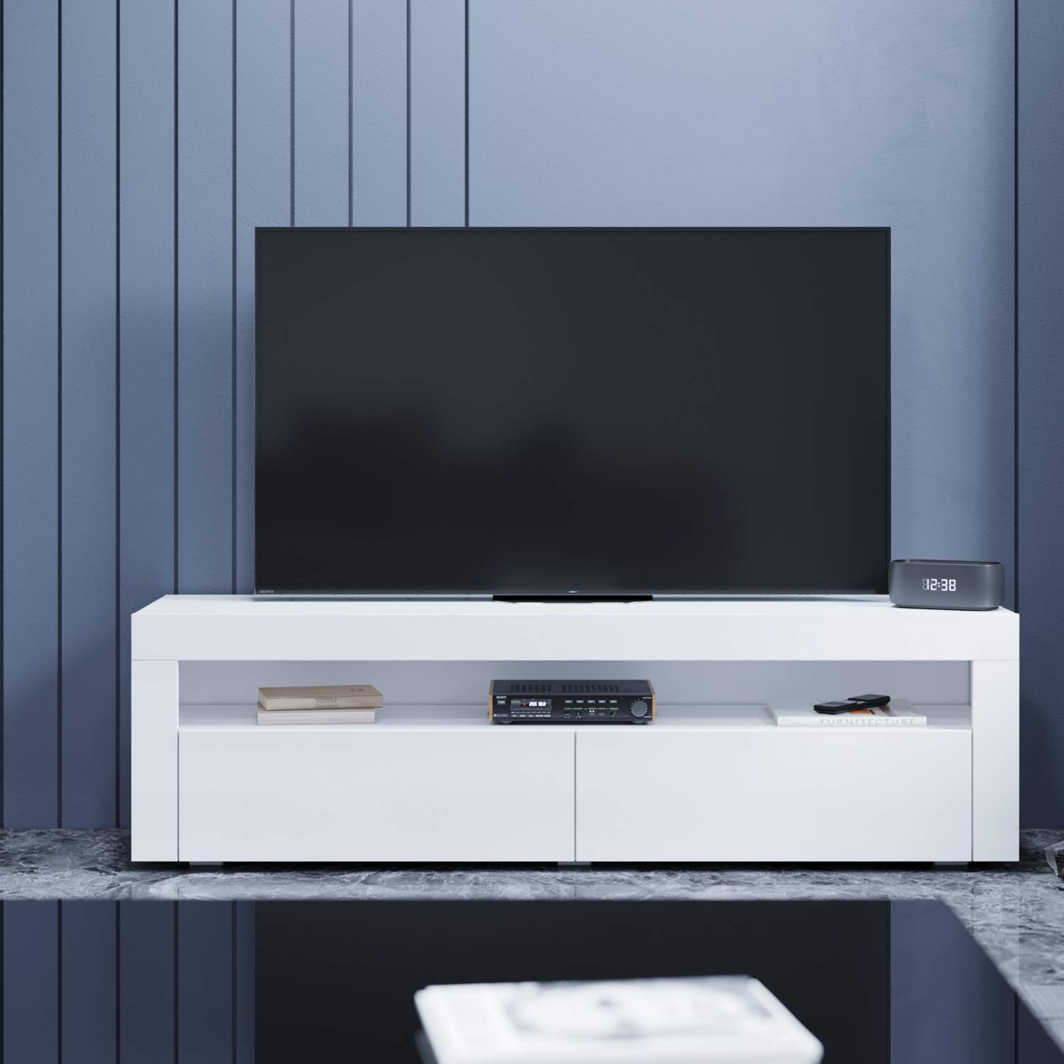 SONNI TV-Schrank mit LED (16 Farben), 2 Türen, Hochglanz Weiß, 155x40x45cm | Lowboard für Fernseher bis zu 60 Zoll, TV Board mit Großer Stauraum, TV-Regal für Wohnzimmer, Esszimmer, Schlafzimmer