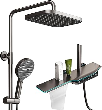 BEITH Thermostatic Shower System, 12 Inch Square Shower Faucet Set, Upgraded Ambient Lighting, Digital Display, Piano Keys Shower Head Set with 5 Modes Handheld and Waterfall Bathtub Faucet
