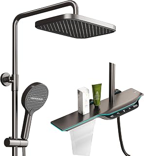 BEITH Thermostatic Shower System, 12 Inch Square Shower Faucet Set, Upgraded Ambient Lighting, Digital Display, Piano Keys Shower Head Set with 5 Modes Handheld and Waterfall Bathtub Faucet