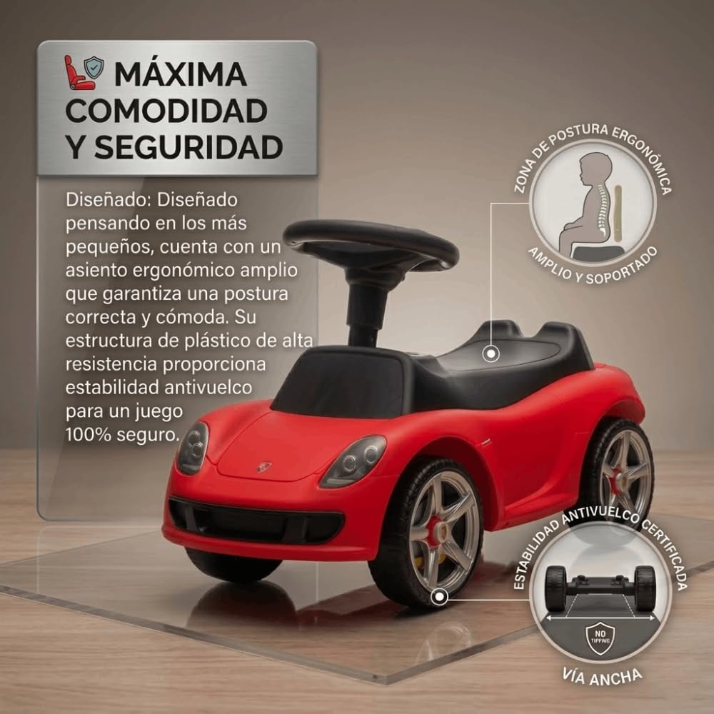 Correpasillos Porsche Infantil - Coche de Juguete Deportivo sin Pedales para Niños y Bebés, Asiento Ergonómico, Ruedas Silenciosas, Juguete para Desarrollo Motor (63,6x28x39 cm) (Rojo)