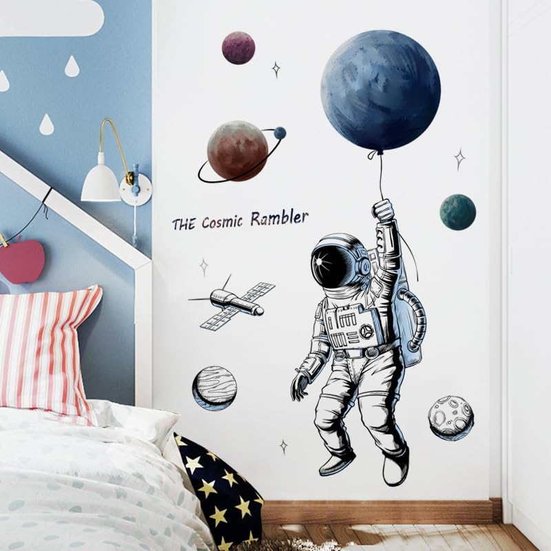 Miniatura 8 de Calcomanías de pared de astronauta para dormitorio, como decoración de pared para sala de estar, calcomanías extraíbles para decoración de paredes