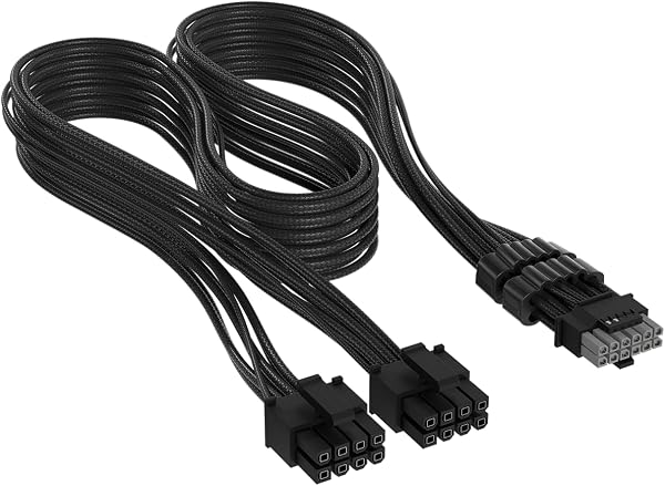 Corsair Elite Premium Typ 4 Einzeln Ummantelte 2x 8-Pin zu PCIe 12V-2x6 600W PSU-Kabel – Dreilagiges Mesh-Paracord-Design, Flache Kabelkämme, Kompatibel Netzteilen vom Typ 4 – Schwarz - 1