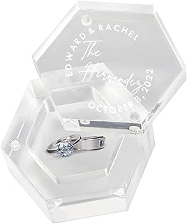 JFLL Personalized Clear Hexagon Wedding Ring Boxï¼ŒEngraved Romantic Wedding Jewelry Bearer Box, Engagement Proposal Ring Storage Gift, Modern Ring Dishï¼ŒCustom Names & Date, Transparent