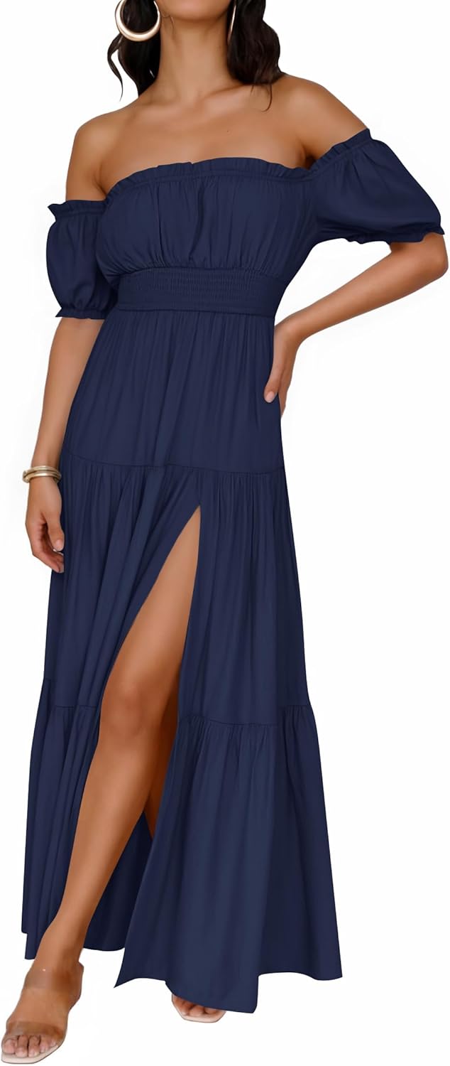 ZESICA Women's 2026 Boho Sexy Off Shoulder Short Sleeve Smocked Side Split Flowy A Line Tiered Long Maxi Dress with Pockets