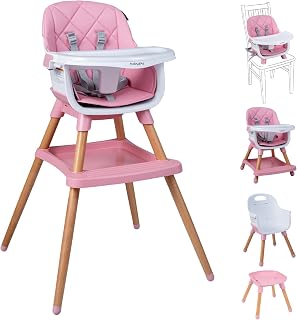 BABY JOY 8-in-1 High Chair, Convertible Wooden Highchairs for Babies and Toddlers | Dining Booster Seat | Toddler Stool, Double Removable Tray, 5-Point Safety Harness & Waterproof PU Cushion (Pink)
