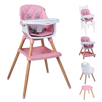 BABY JOY 8-in-1 High Chair, Convertible Wooden Highchairs for Babies and Toddlers | Dining Booster Seat | Toddler Stool, Double Removable Tray, 5-Point Safety Harness & Waterproof PU Cushion Pink