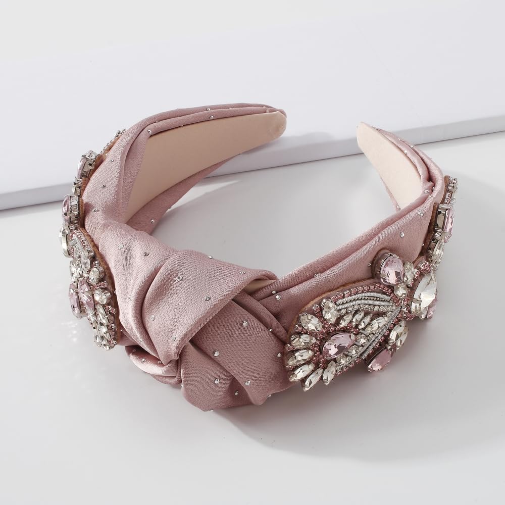 Diadema ancha para el cabello con diamantes de imitación y aro de satén para mujer, color gris