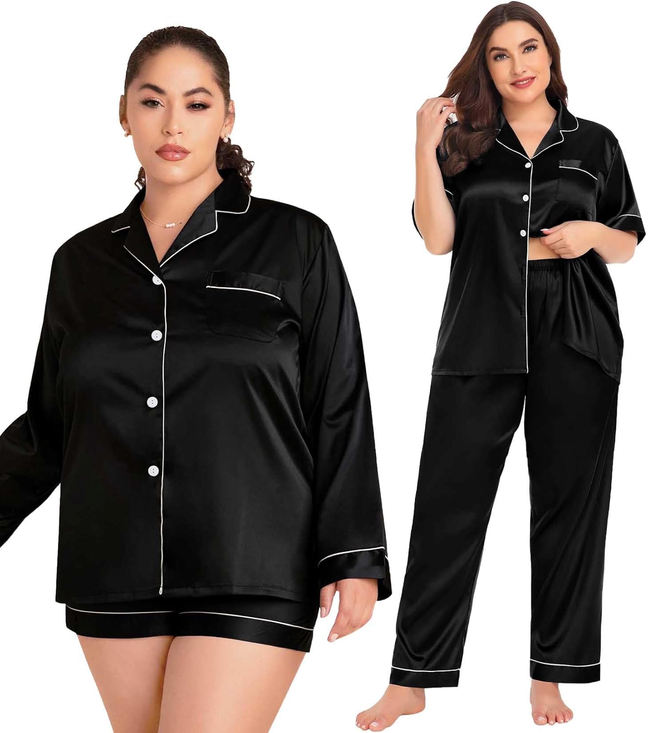 SWOMOG Women's Plus Size Pajamas Silk Satin Pajama Set Short Sleeve Shirt with Full-Length Pants Pjs Sleepwear Set 18W-26W - Image 5