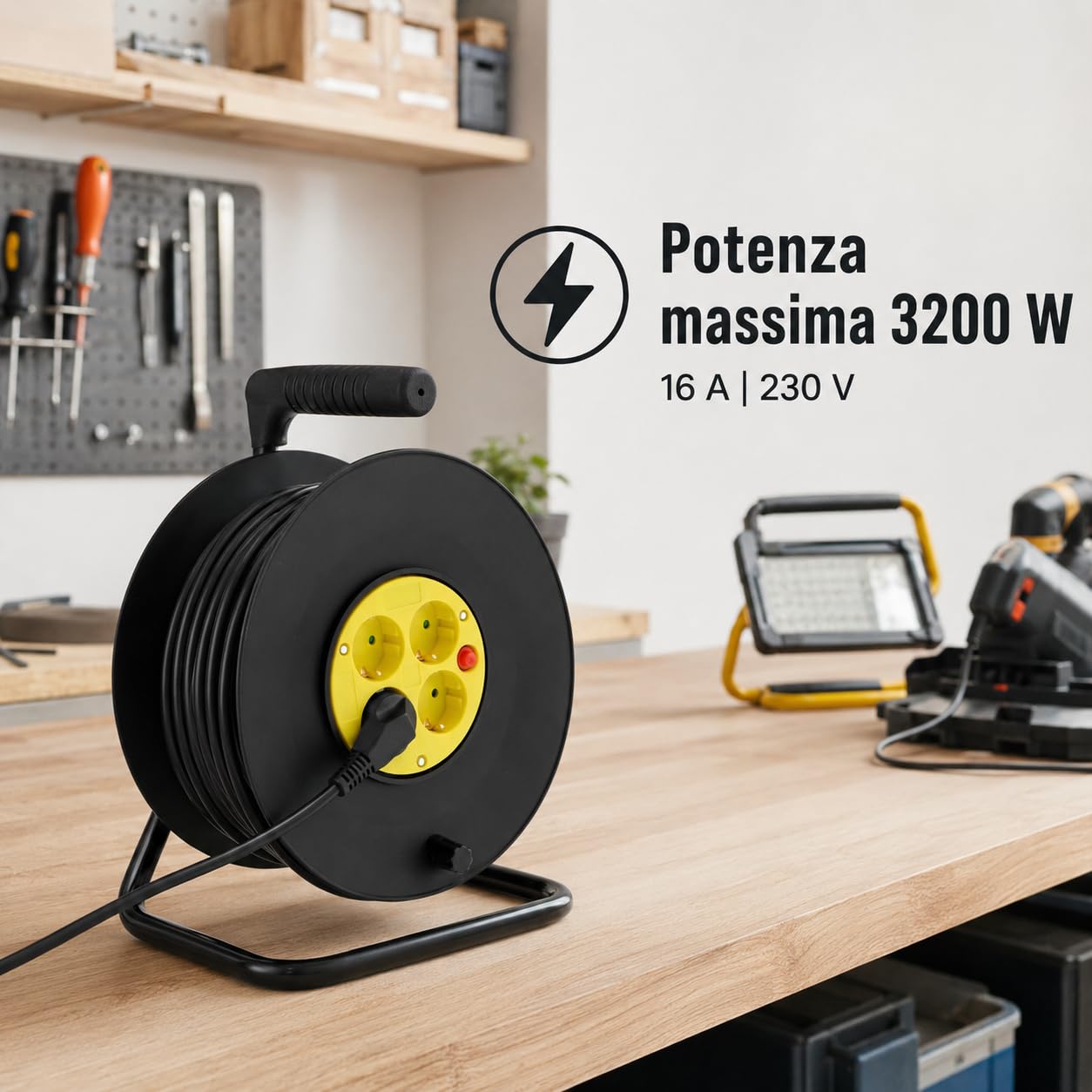 M mimotec - Avvolgicavo da Esterno 50m 4 Prese 3200W 16A, Cavo H05VV-F 3G1,5mm², Protezione Bambini, Prolunga Elettrica per Giardino, Garage e Officina