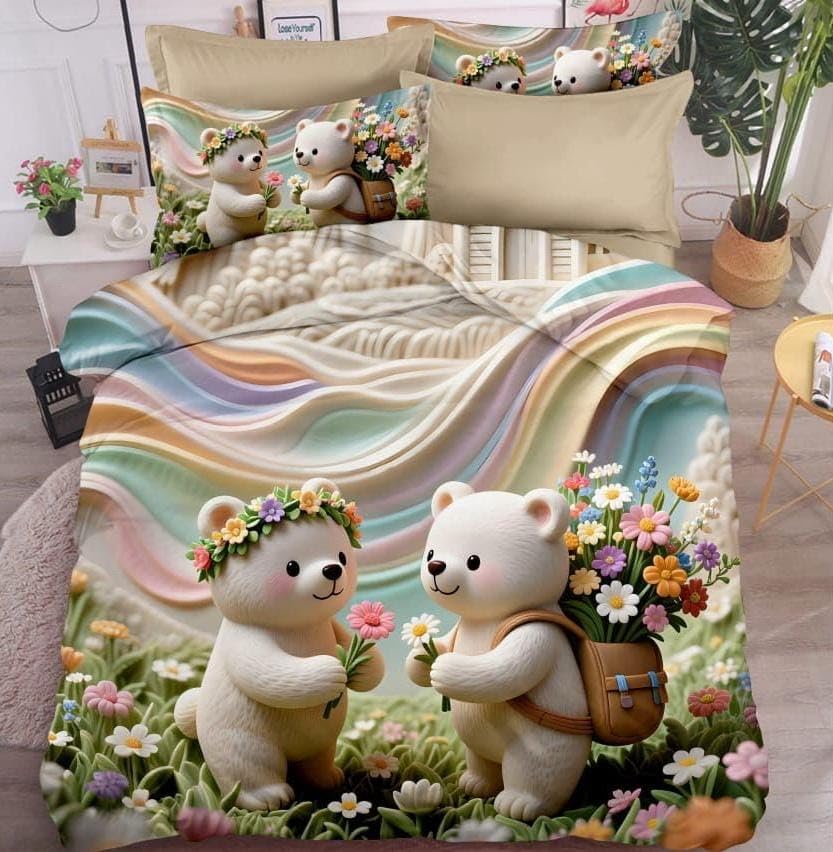 Cute Bear Floral Bedding Set with Duvet Cover and Pillowcases | 3D Printed Design, Rainbow Pastel Pattern, Kids Bedroom Decor, Includes Pillowcases, Soft Microfibre-image-10