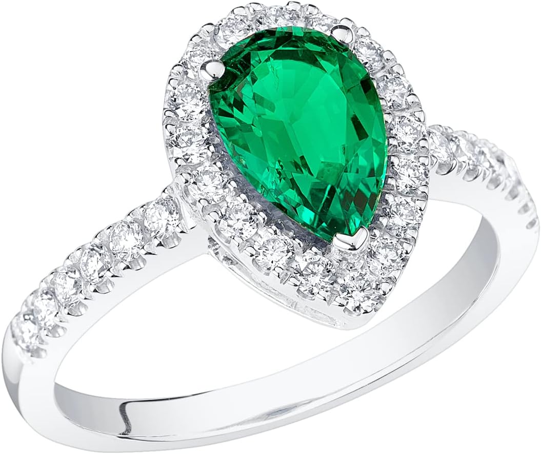 PEORA Created Colombian Emerald Lab Grown Diamond Ring in 14K White or Yellow Gold, 1.70 Carats Total, Pear Shape, Size 4 to 10