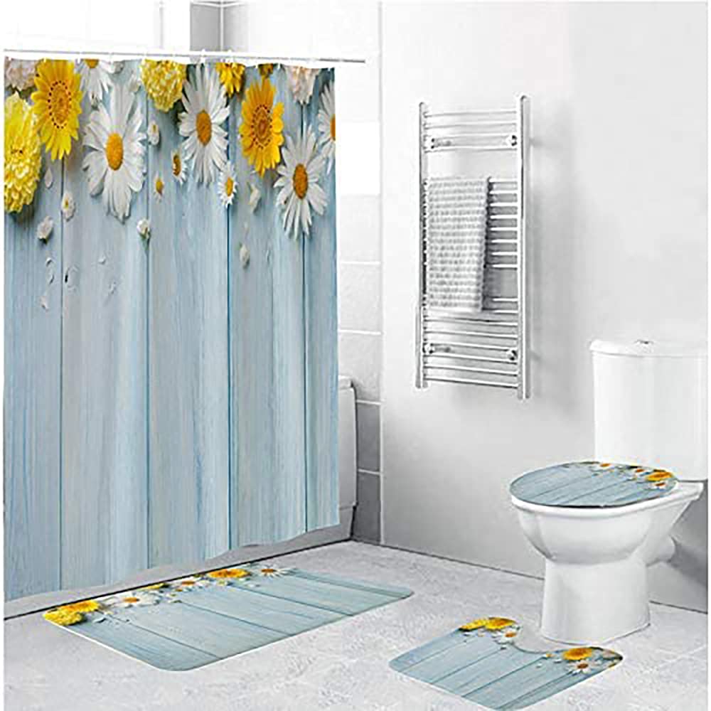 Set di tende da doccia con paesaggi floreali e farfalle da 4 pezzi con tappeti antiscivolo, copriwater e tappetino da bagno, set da bagno, accessori per l'arredo del bagno con 12 ganci
