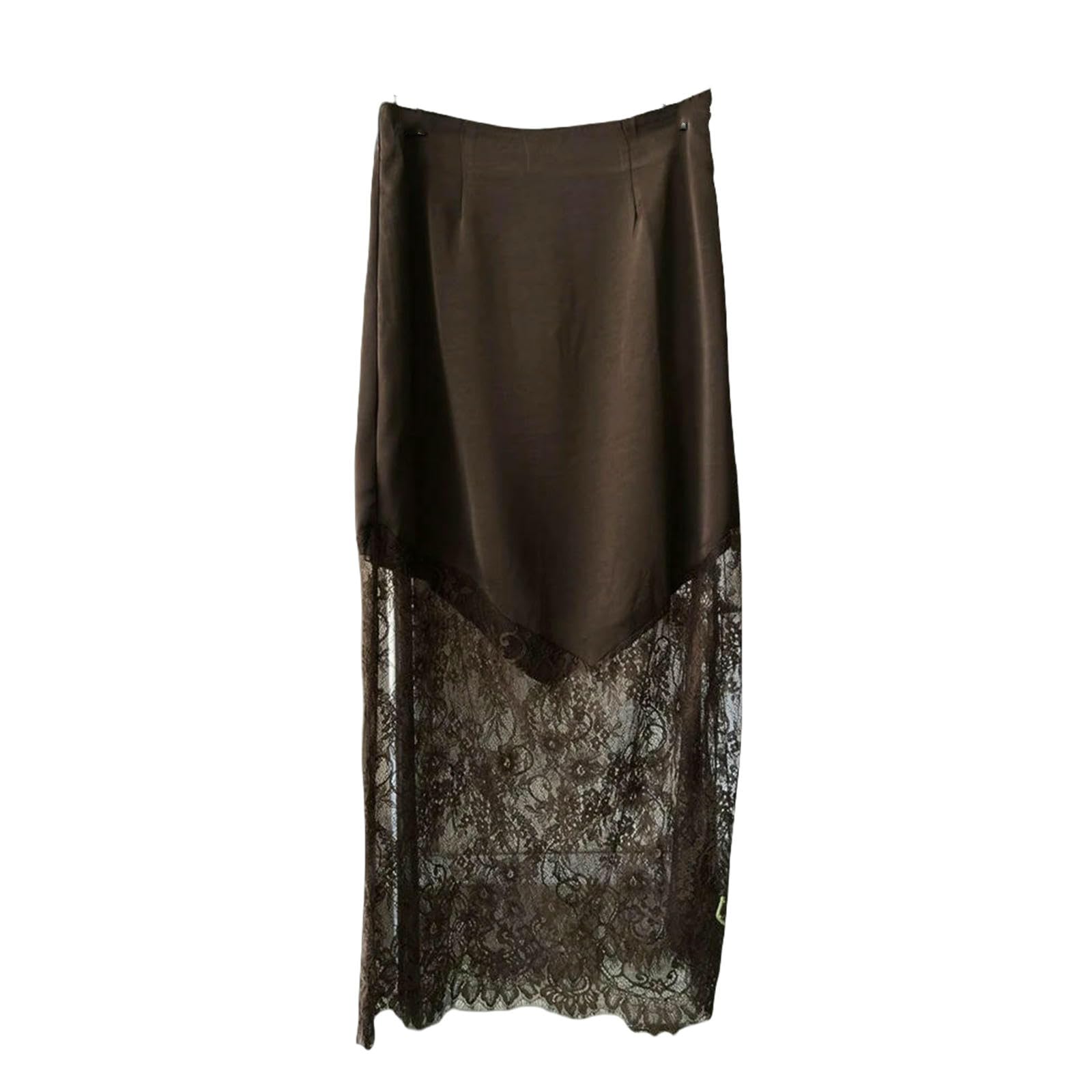 Rock Damen-Patchwork-Spitzenrock, Hohe Taille, Schlank, Aushöhlen, Maxiröcke, Braun, Partyrock-braun-l