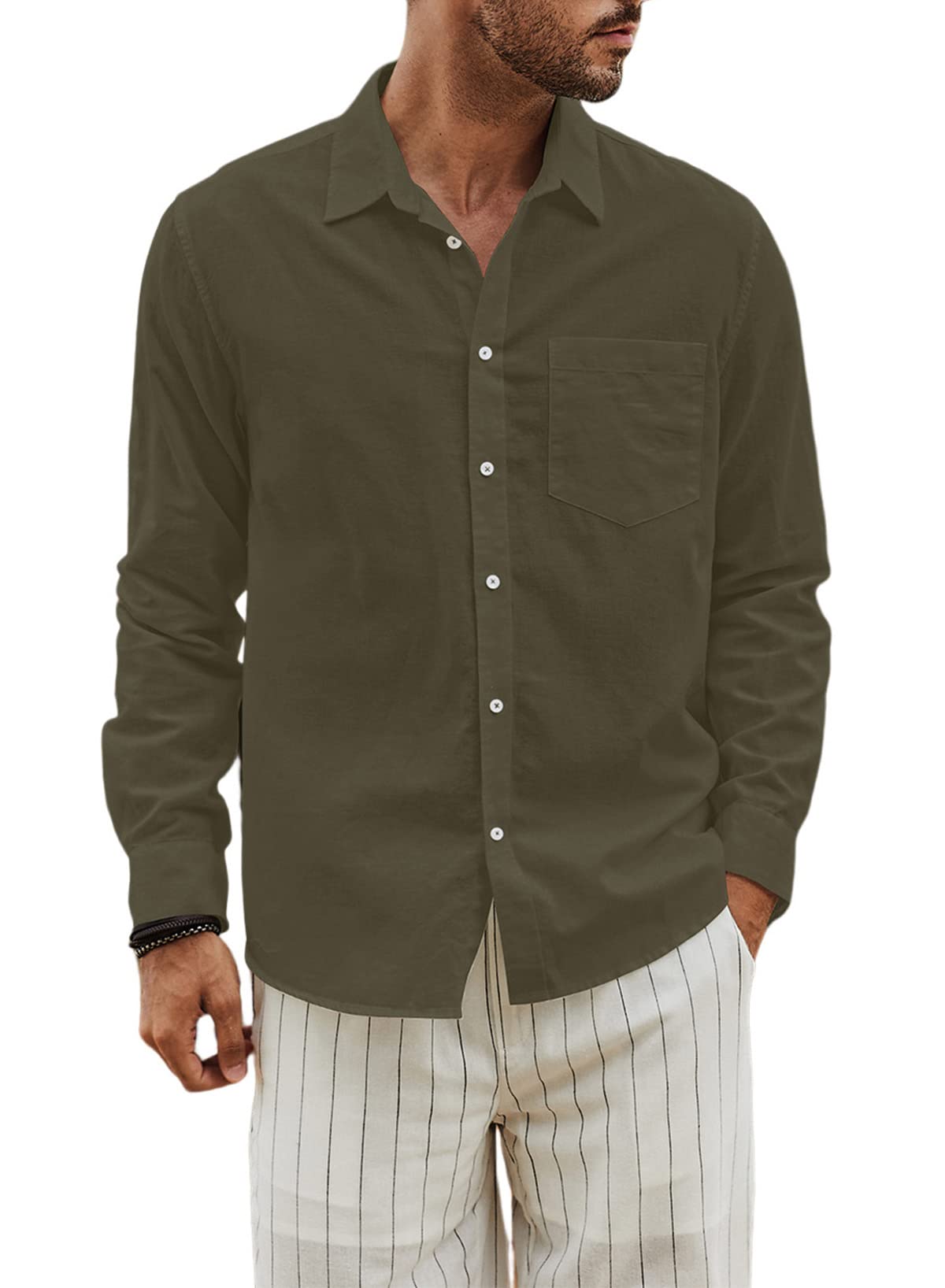 JMIERR Camisas de Lino Casual para Hombre de Manga Larga de Colores Puros básica de Ajuste Regular con Botones de Verano