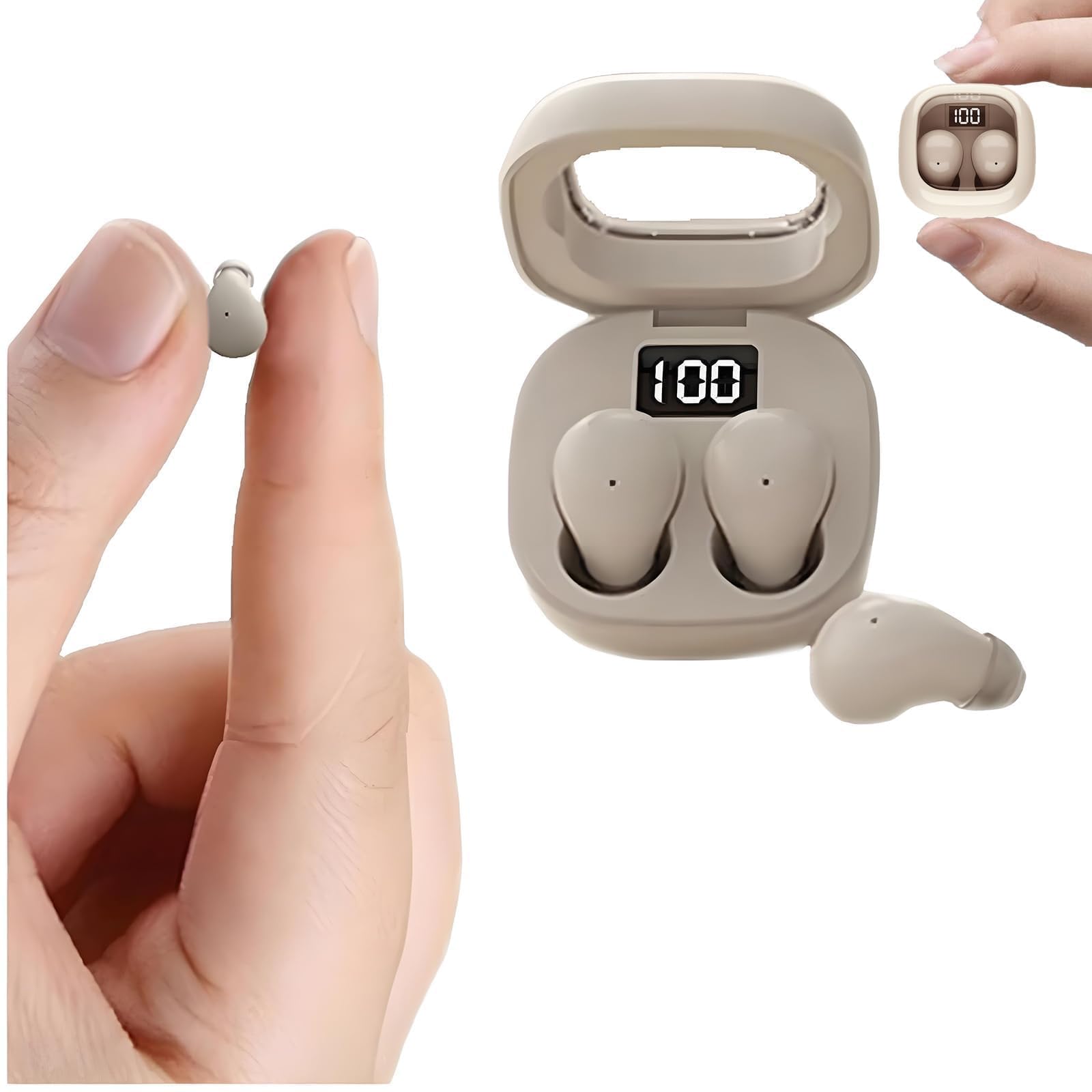 Petits Écouteurs Taille de poche Mini Autonomie longue durée Étanchité IPX5 Légère Intra-auriculaire Écouteurs Bluetooth Sans Fil Casque Bluetooth avec LED Affichage de Écran Autonomie Visible Beige