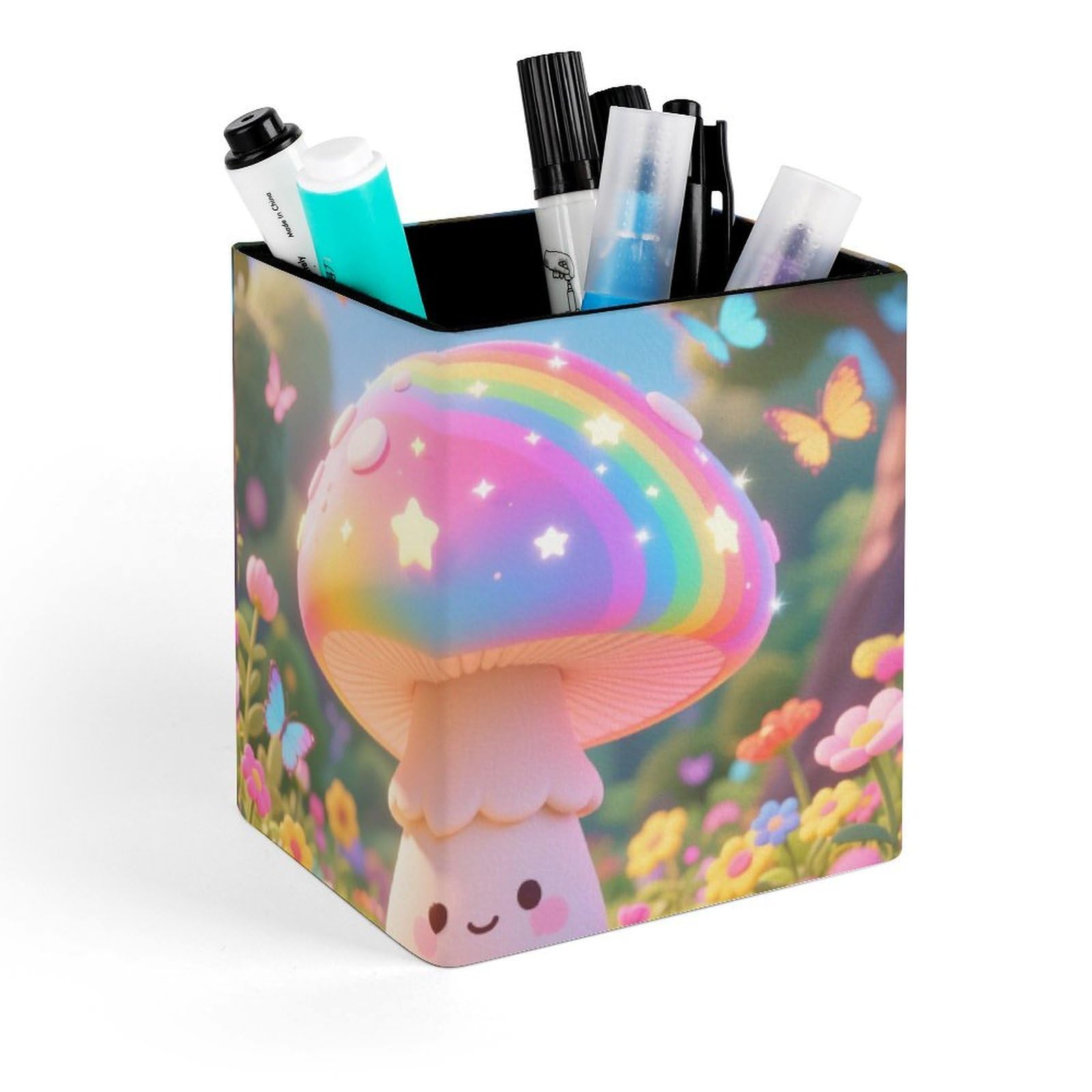 DWVTSLH Aesthetic Pen Holder for Desk - Modern Leather Pencil Holder - Stylish Square Makeup Brush Holder - Colored Mushroom Pen Cup Cute And Functional Desk Organizer for Office Supplies