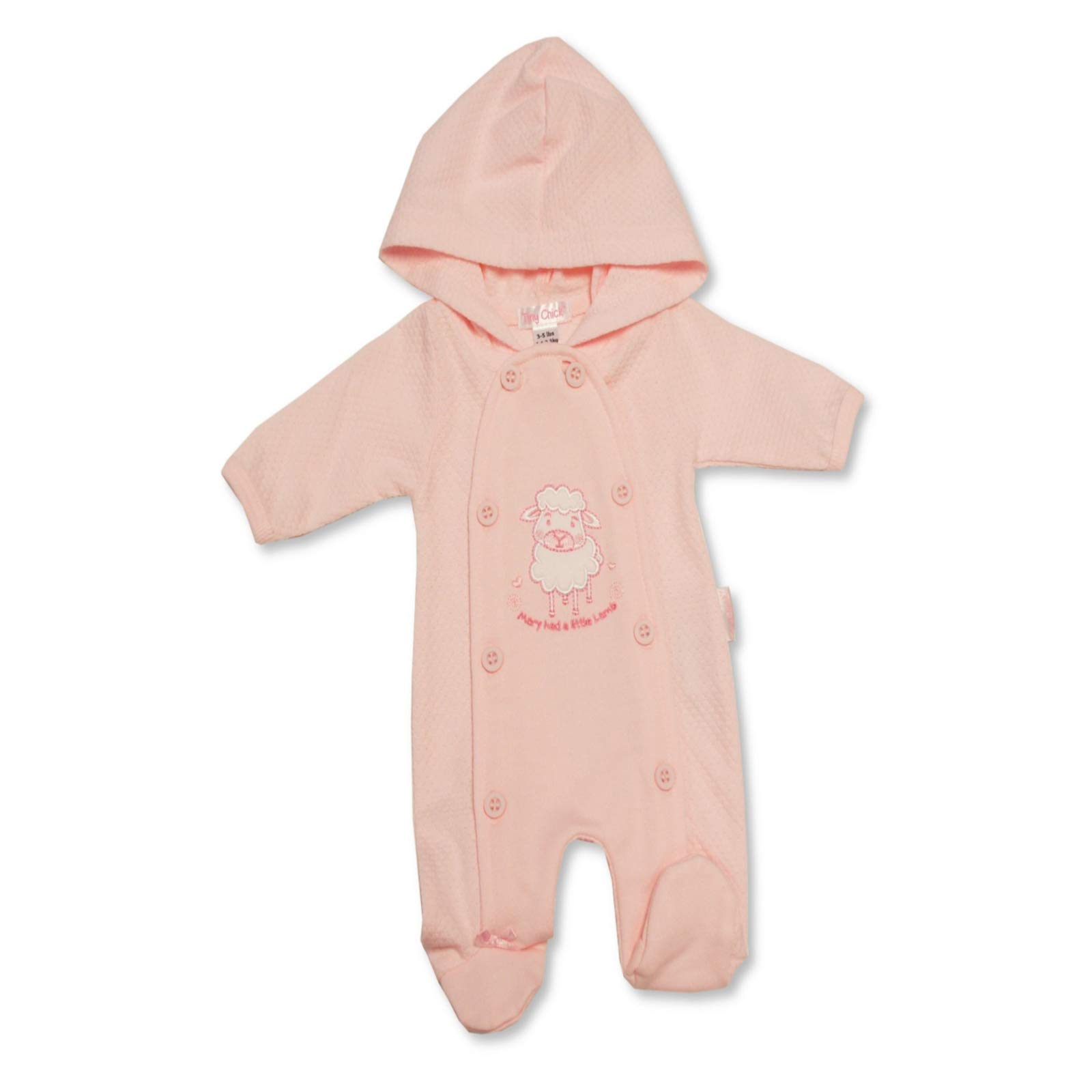 Premature Baby All-in-One with Hood – Baby Girls, Baby Boys, Preterm, Soft, Snug, Cotton Blend, Button Fastening, Cosy, Little Lamb Detailing, Embroidery, Footies,