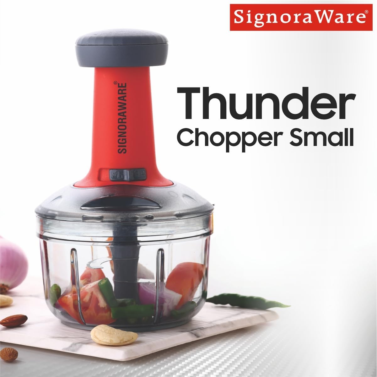 SIGNORA WARE Thunder Chopper Plastic Quick Cutter Machine For Kitchen | With 3 Stainless Steel Blade | BPA Free| Multipurpose For Vegetable, Dry Fruit Etc | Handy Manual Chopper | (650Ml | Multicolor)
