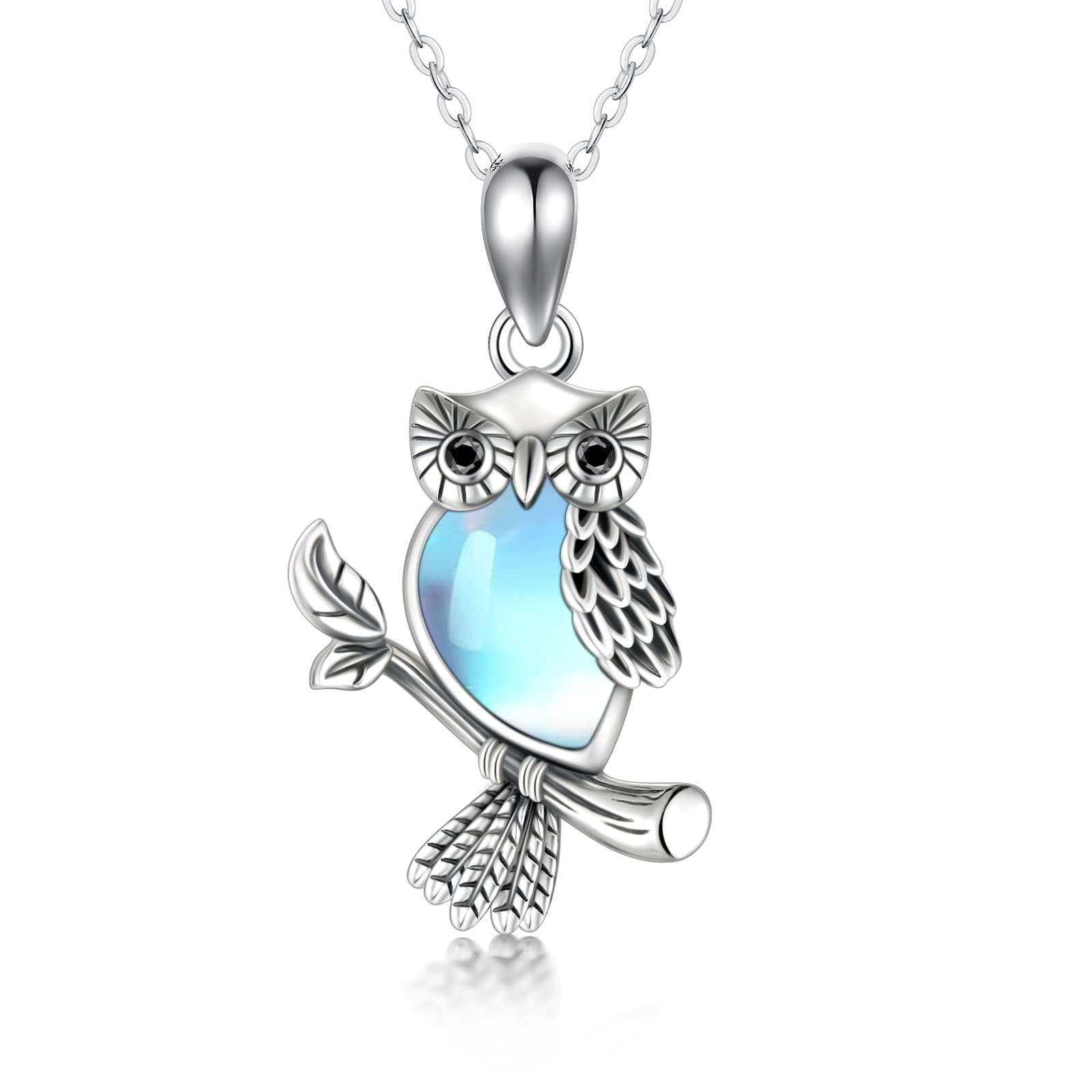 Halskette mit Eulen-Anhänger aus 925er-Sterlingsilber mit Kristallen Anhänger in Tierform Silberschmuck Geschenk für Frauen, 45,7 + 5,1 cm Kettenverlängerung