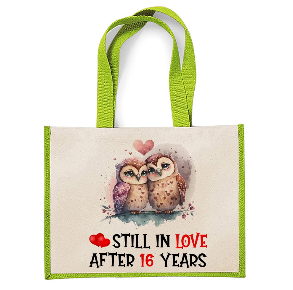 Getagift Personalised Still in Love After 16, 18, 20, ANY Years, Romantic Owl Couple Anniversary & Valentine’s Day, Jute Bag, Shopping Bag. (Apple Green)