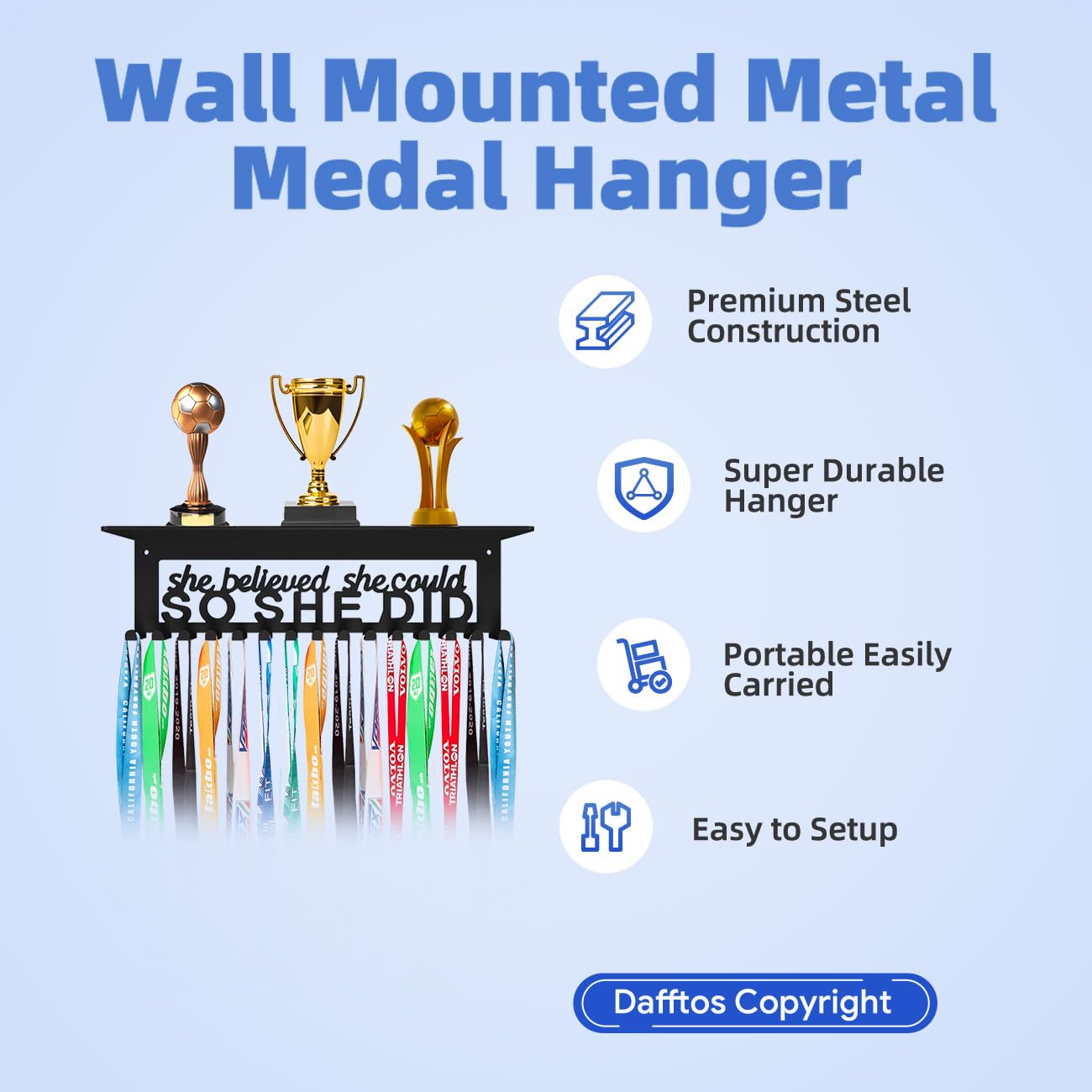 Dafftos Soporte para medallas, organizador de cinta de pared, marco de almacenamiento de carreras, soporte de babero, soporte de metal para colgar medallas, animadora, gimnasia, fútbol, softball,