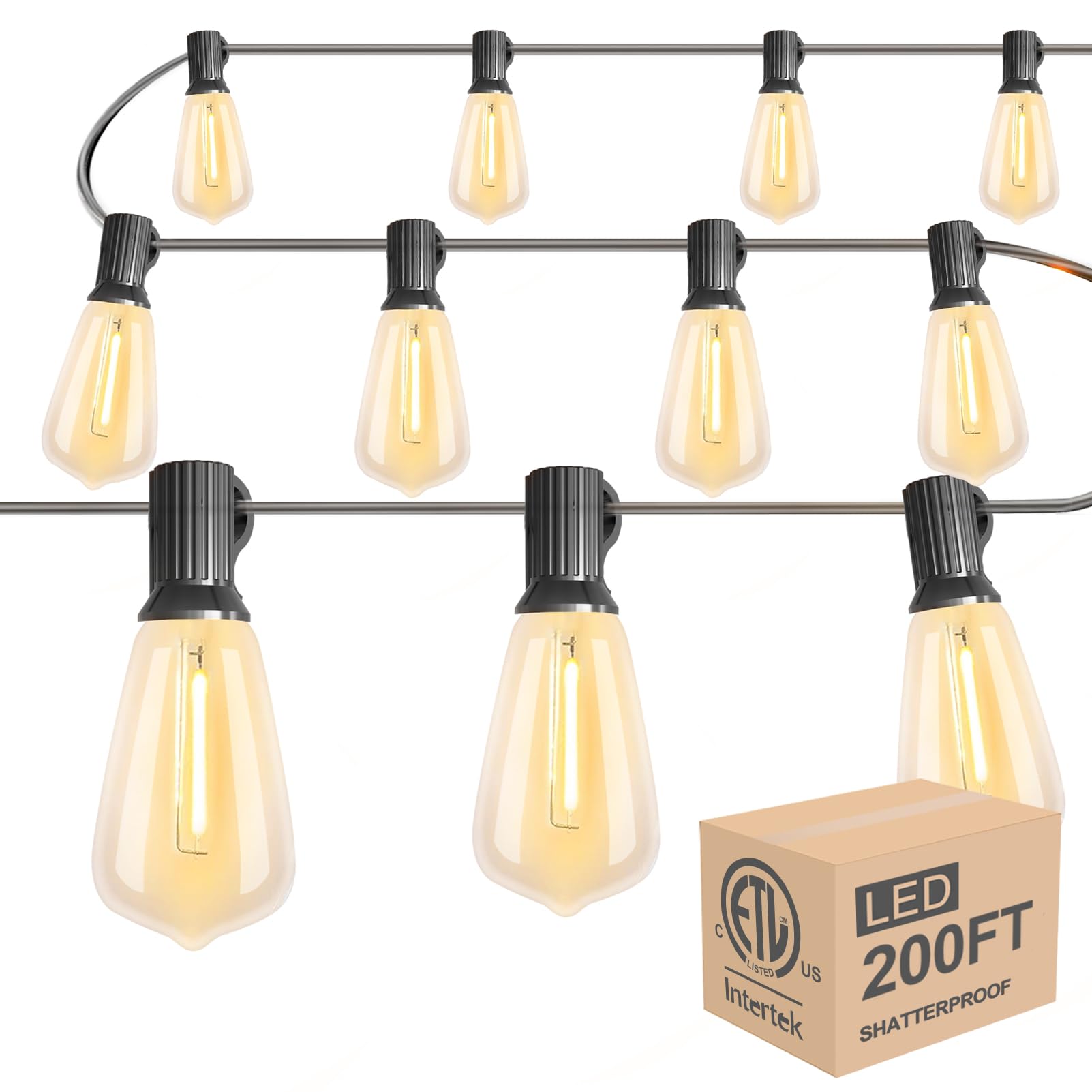 Lightdot 200ft Outdoor String Lights, Dimmable LED Bistro Light with ST38 Shatterproof Bulbs, Commercial Hanging Lights for Outside Party Porch Backyard Patio