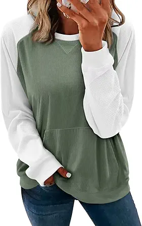 KISSMODA Women's Casual Long Sleeve Sweatshirt Color Block/Solid Crewneck Corduroy Pullover Cute Tops
