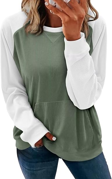 KISSMODA Women's Casual Long Sleeve Sweatshirt Color Block/Solid Crewneck Corduroy Pullover Cute Tops