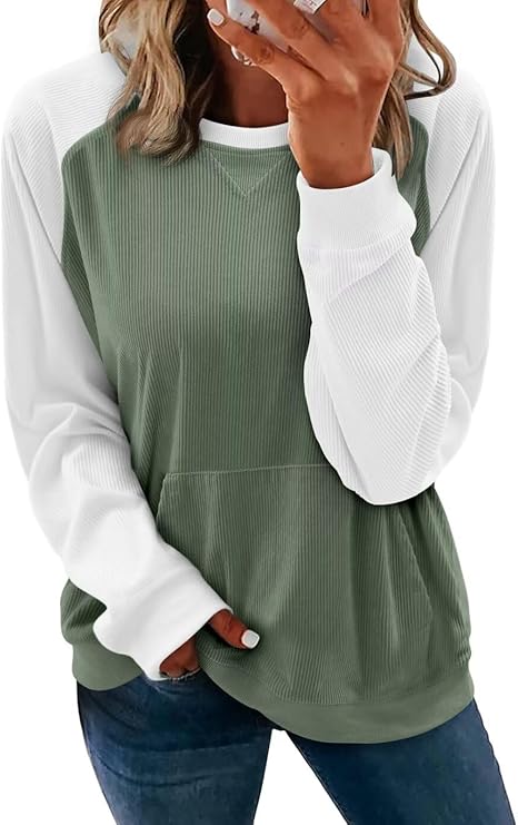 KISSMODA Women's Casual Long Sleeve Sweatshirt Color Block/Solid Crewneck Corduroy Pullover Cute Tops