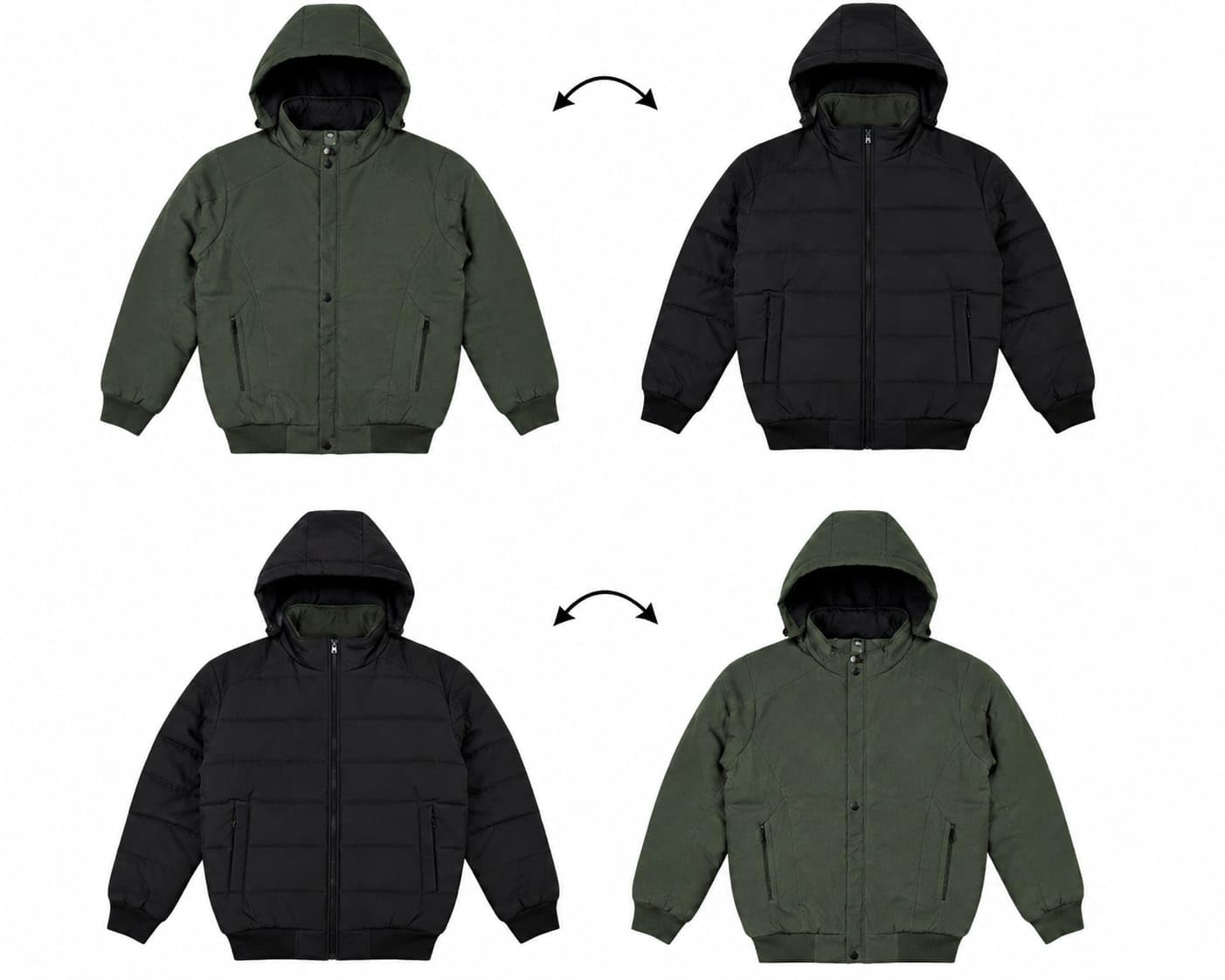 Men's Reversible Hooded Puffer Jacket, Black and Olive Green-picture-38