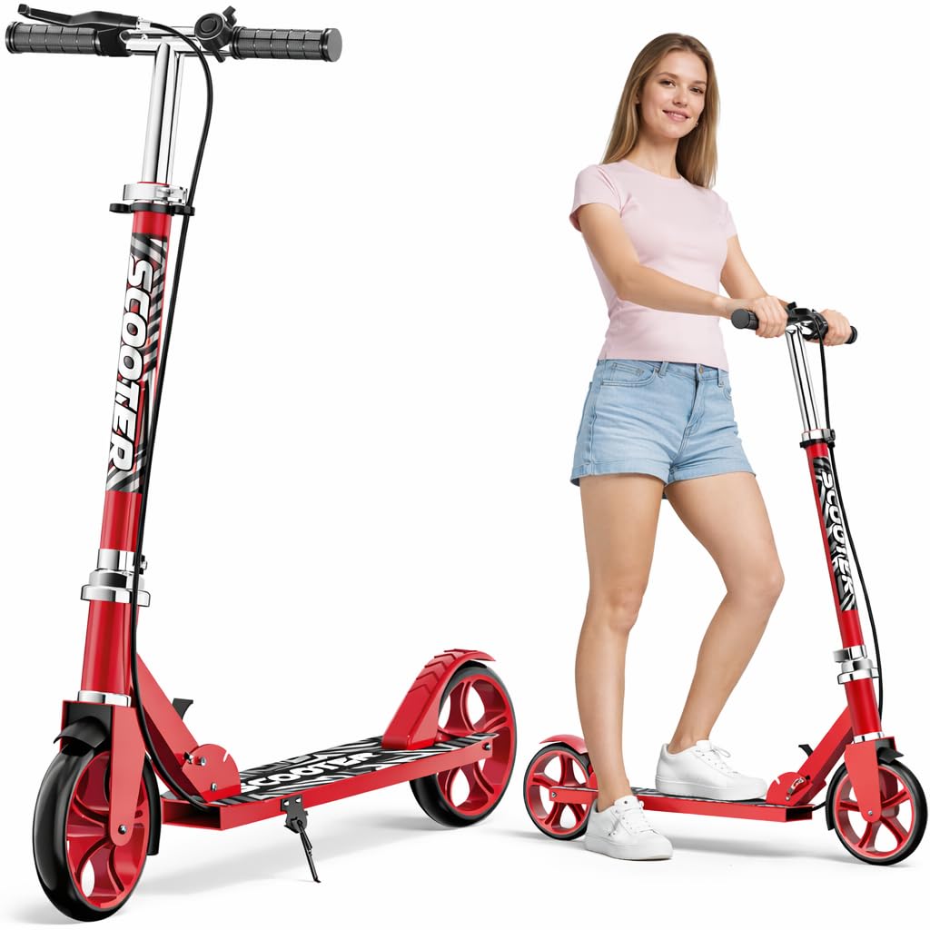 fanado Scooter for Kids Ages 8-12, Teens & Adults - Lightweight, Foldable, 200mm Big Wheels, Hand Brake & Bell, 4 Adjustable Height Levels, Perfect for School, Campus and Park Rides (Red - New)