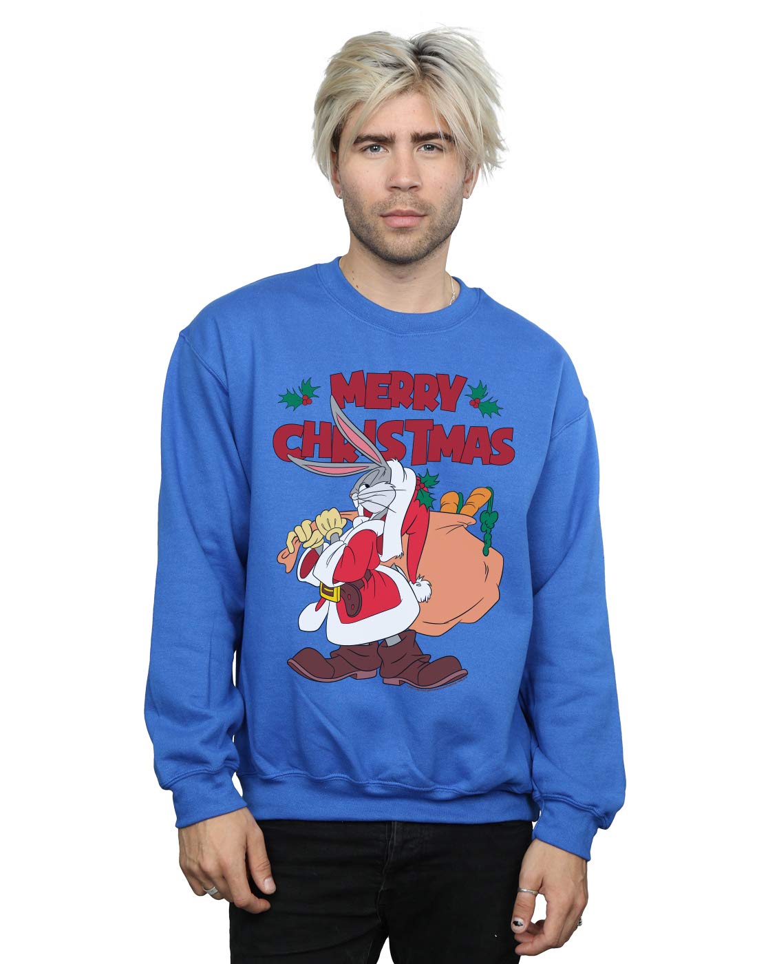 Absolute Cult Men's Royal Blue Looney Tunes Santa Bugs Bunny Sweatshirt Large