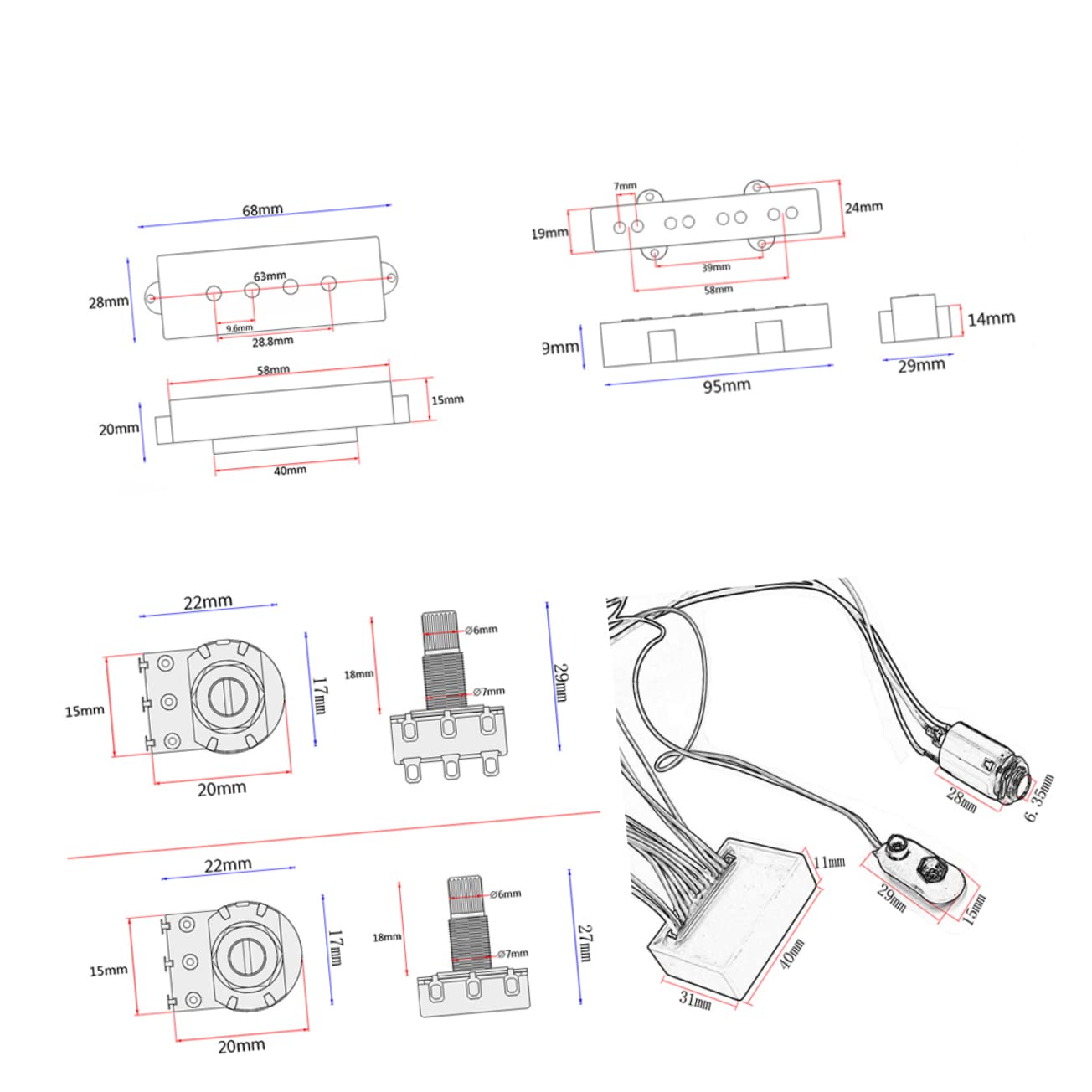 Levemolo Bass Wiring Harness Kit 3 Band Eq Preamp for Tone Control on Active Bass Guitars