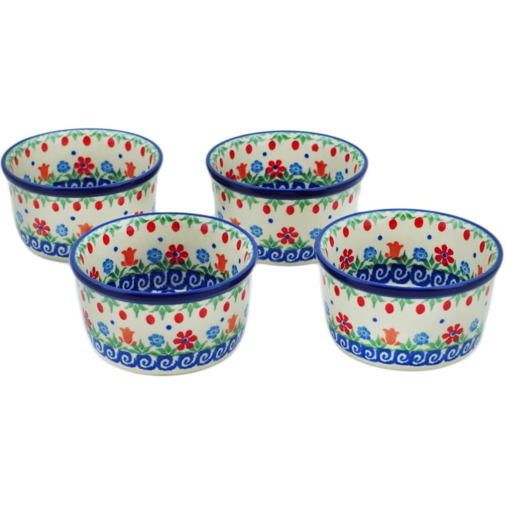 Authentic Polish Pottery Set of 4 ramekin bowls 4-inch in Babcia's Garden Design Handmade in Boles?awiec Poland by Ceramika Artystyczna + Certificate of Authenticity