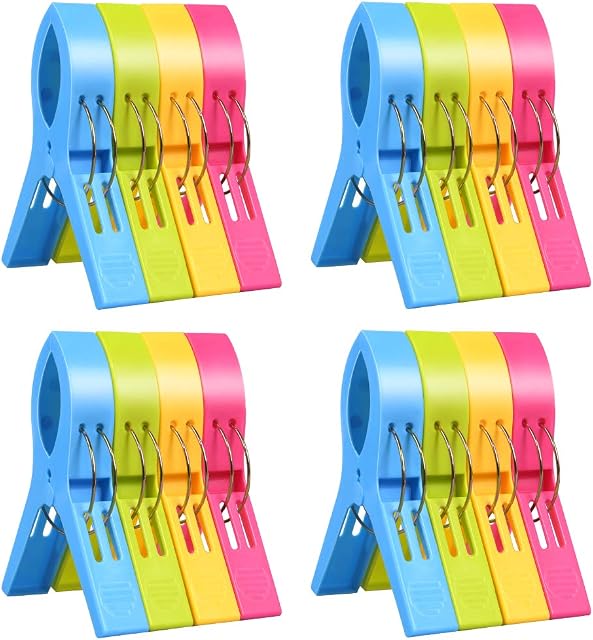 URAQT Beach Towel Clips, 16 Pcs Large Laundry Clip Towel Pegs, Bright Color Plastic Quilt Clips for Sunbeds, Sun Loungers, Pool Chairs, Laundry