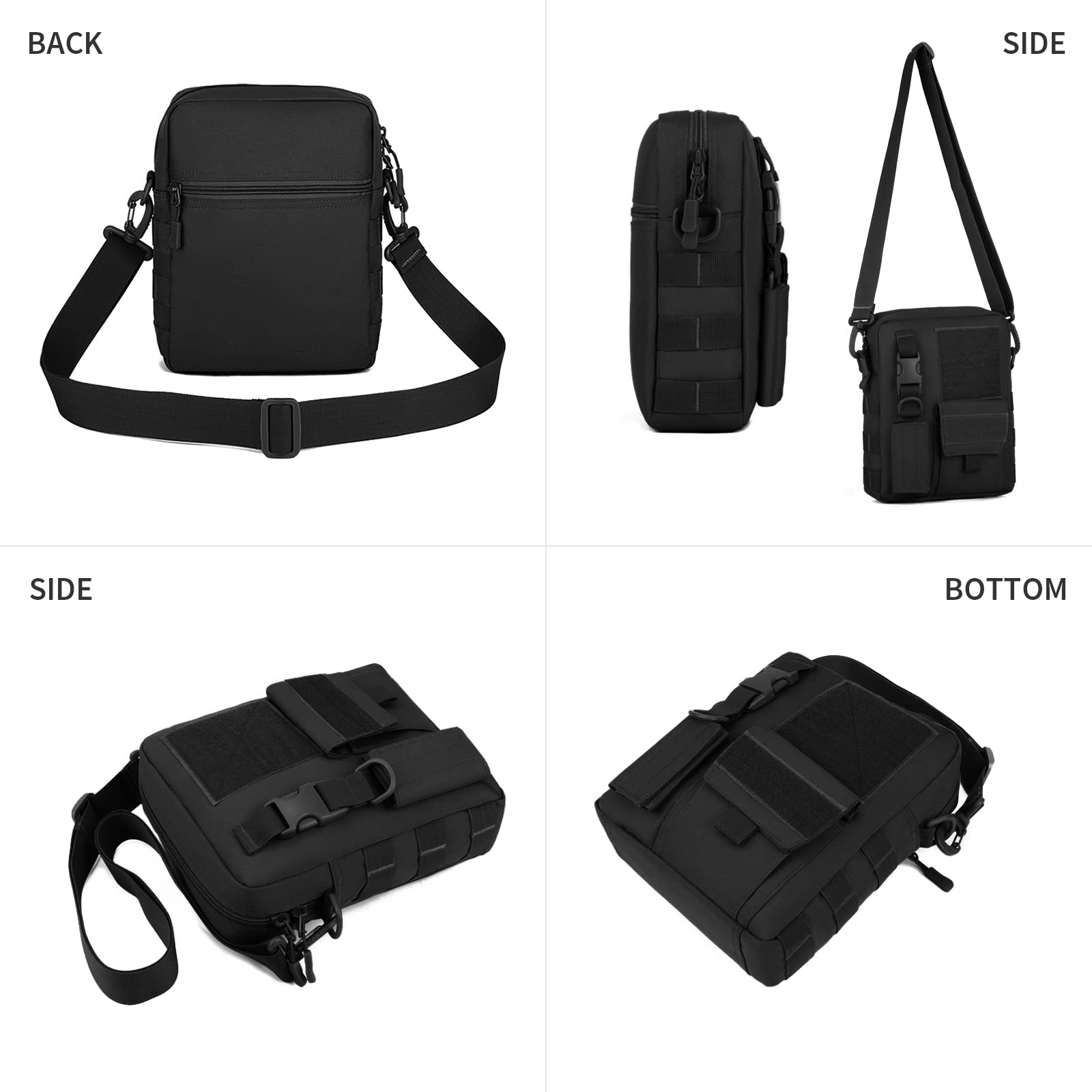 HUNTVP Sac Bandoulière Travail Sac Militaire Molle Tactique en Nylon Multifonctionnel Homme Femme pour Randonnée Voyage Cyclisme(Noir)