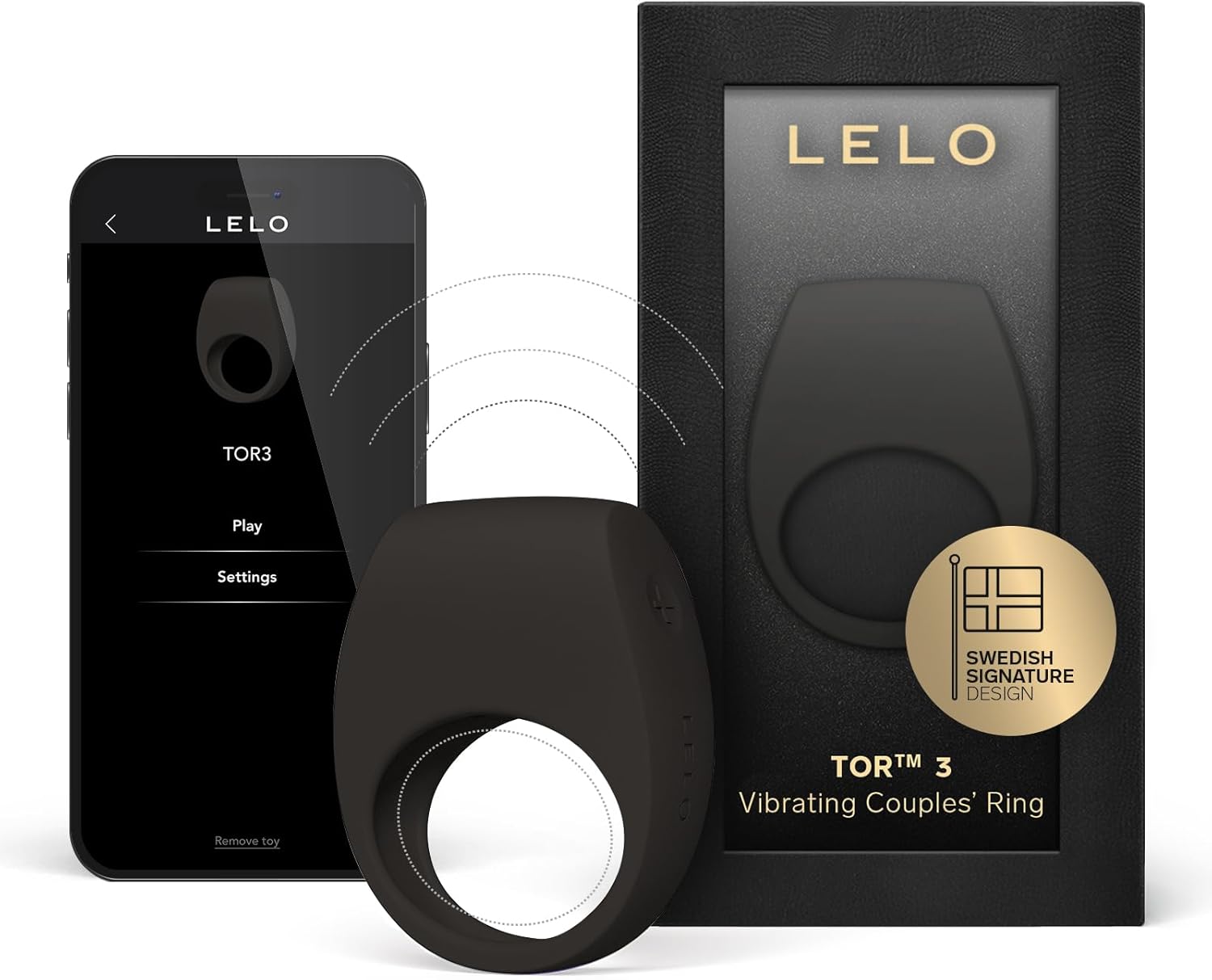 LELO TOR 3 Vibrating Penis Ring App Connected Adult Toy for Man and Woman, Couples Sex Toy with 8 Pleasure Settings for Enhanced Sensation, Silicone Cock Ring, Black