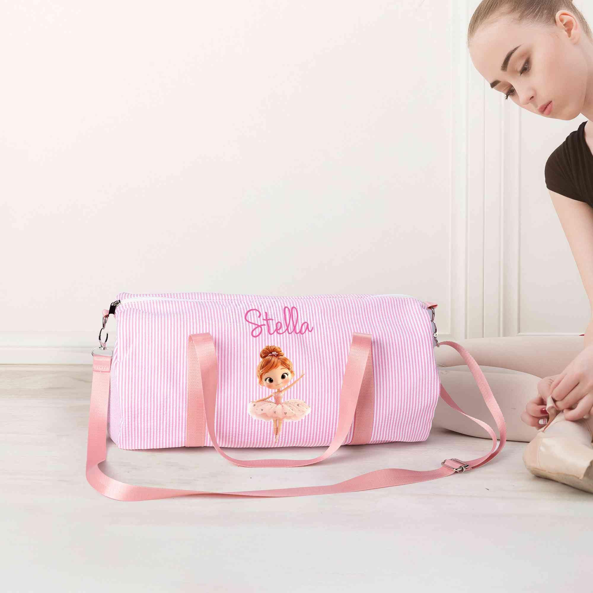 Borsa personalizzata per danza classica per bambine Borsa da viaggio a righe in seersucker con tracolla Borsa da palestra rosa Borsa sportiva per bambini Regalo perfetto per la danza 23cm × 23cm× 46cm
