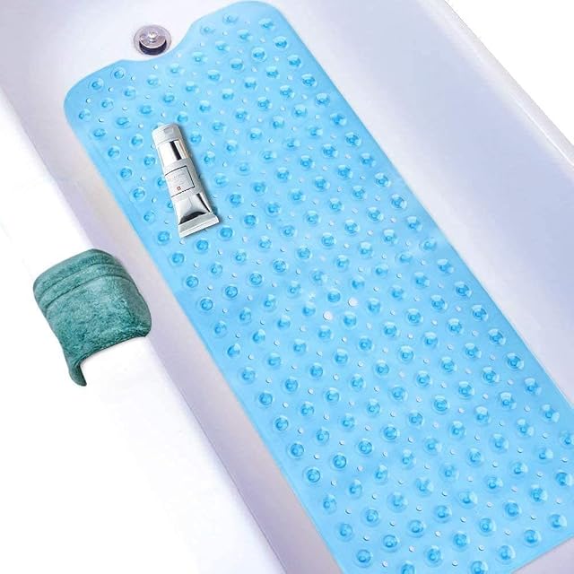 WIMAHA Extra Long Bath Mats, Shower Mats Mildew Resistant Non-slip Pebbled Bathtub Mats with Suction Cup for Bathroom, Machine Washable, 100 x 40cm, Blue