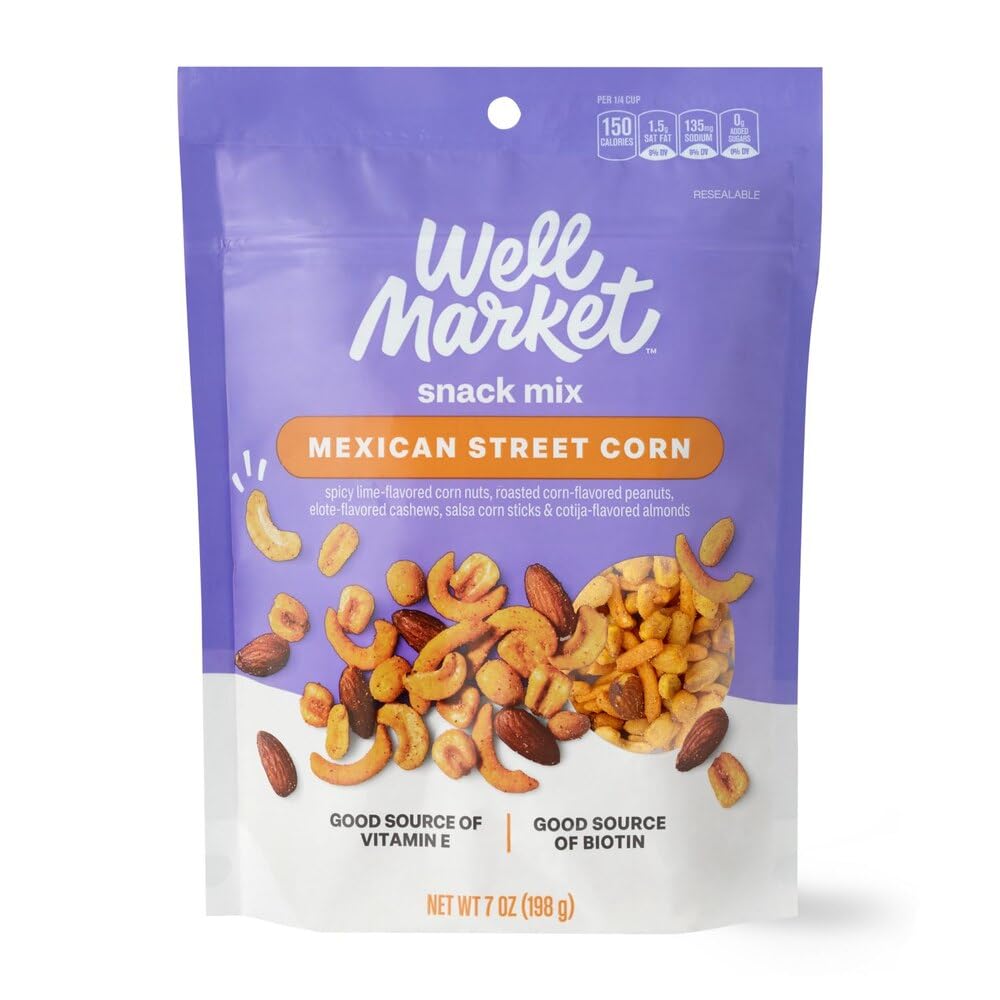 Generic Mexican Street Corn Snack Trail Mix, 7 oz Resealable Zip Bag (SimplyComplete Bundle) Well Market Snacking - Spicy Lime Corn Nuts, Peanuts, Elote Cashews, Salsa Corn Sticks & Cotija Almonds